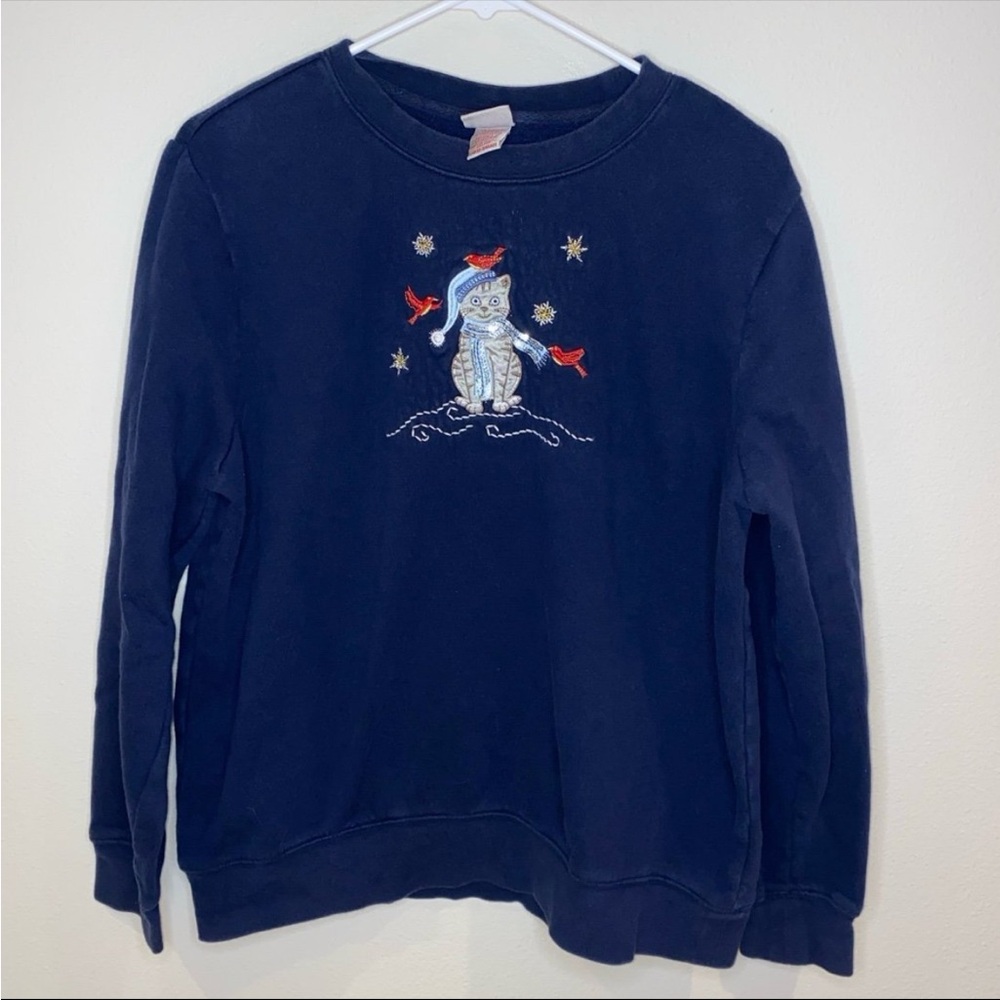 Vintage Winter Cat Cardinal Grandma Sweatshirt Blue Size‎ L